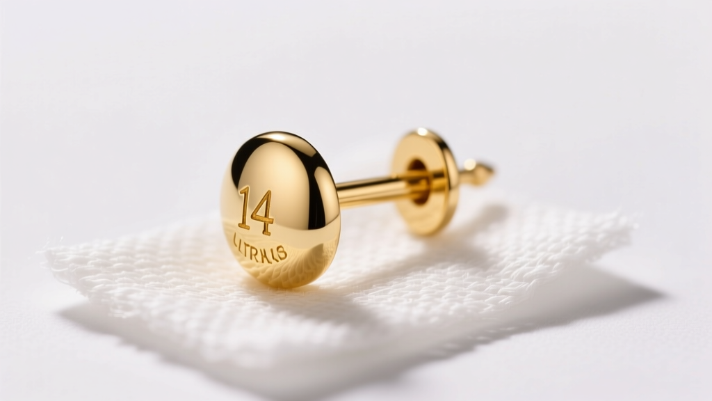 Close-up macro photography of a polished 14k yellow gold earring post resting on sterile gauze, soft clinical lighting, sharp focus.