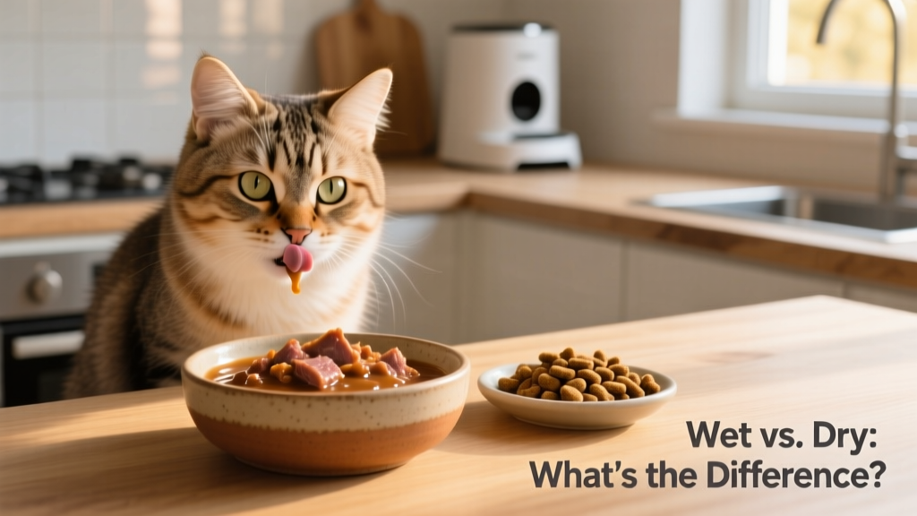 A happy cat enjoying a meal from a shallow ceramic bowl containing FurPetVo wet food, with a small dish of FurPetVo kibble beside it