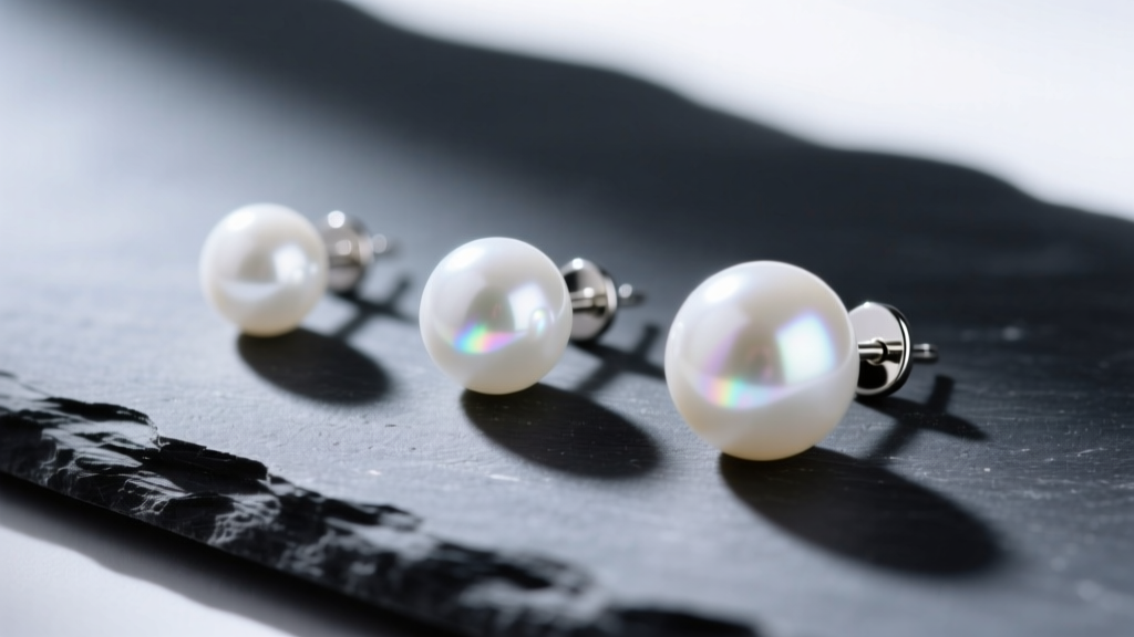 Macro shot of three white pearl stud earrings in 6mm, 9mm, and 13mm sizes on dark slate, highlighting distinct luster differences.