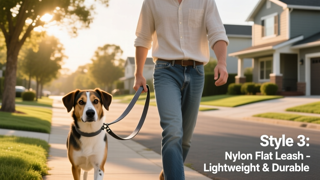 A person walking a medium-sized dog on a simple nylon flat leash in a suburban neighborhood