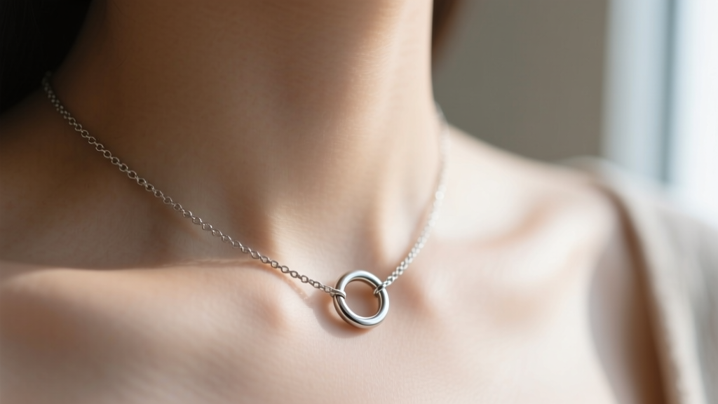 Close-up of a hypoallergenic titanium grandkids necklace on a collarbone, highlighting a seamless laser-welded jump ring detail