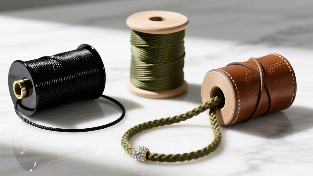 Three spools of jewelry cord: black nylon, olive waxed cotton, and brown leather on a white marble surface in bright light.