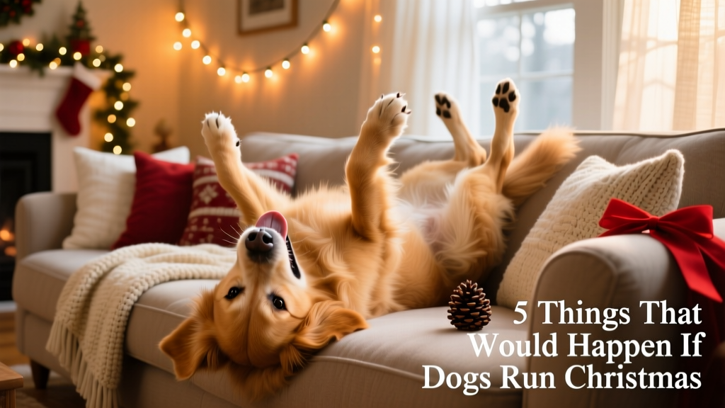 A happy dog lying upside down on a cozy, decorated sofa with Christmas lights in the background