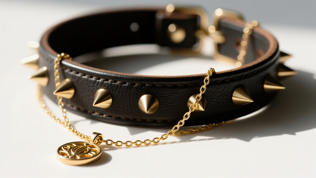A layered necklace stack featuring a delicate gold chain, a mid-length pendant, and a thick leather spiked choker necklace.