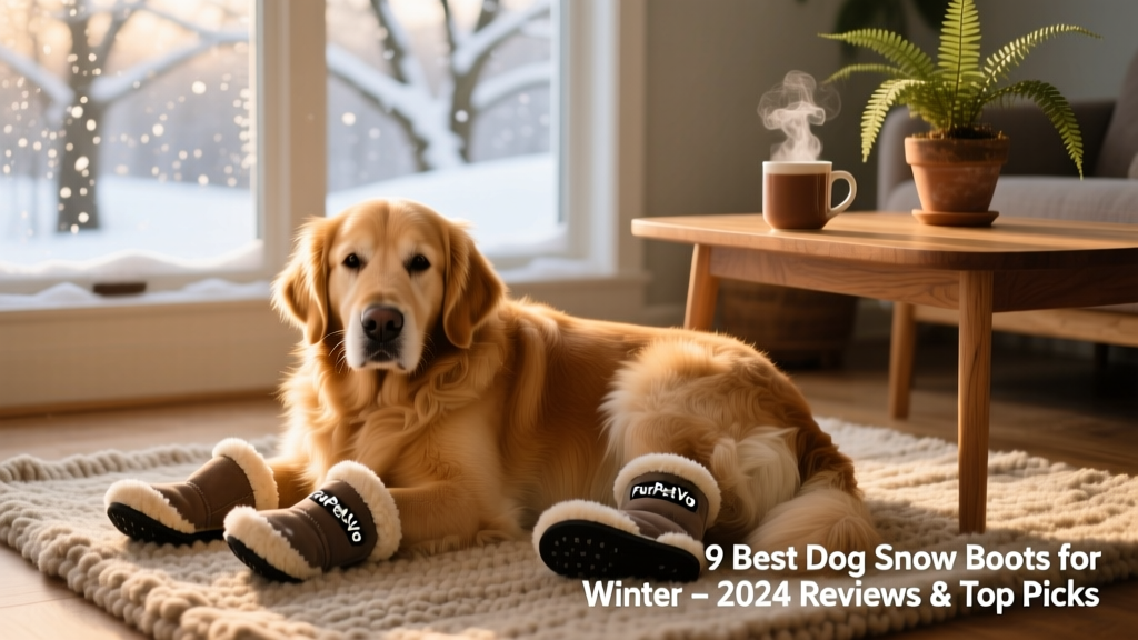 A cozy home scene: a dog curled up on a rug, wearing FurPetVo MiniGrip Boots, with a steaming mug and snowy window visible in the background