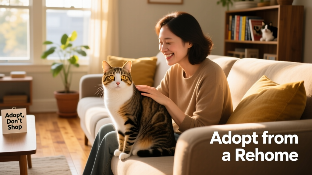 A calm, friendly cat sitting beside a smiling person on a sunlit living room sofa