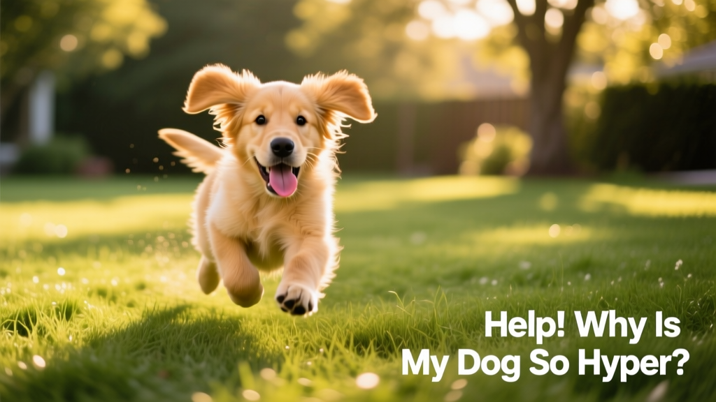 A golden retriever puppy mid-zoomie sprint across a grassy yard