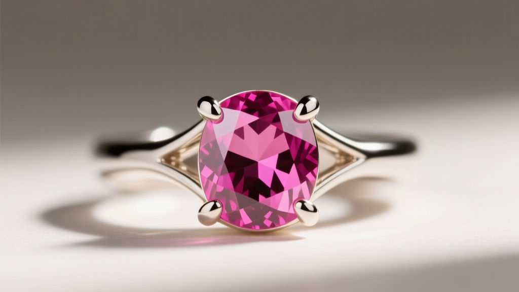 Macro view of a four-prong white gold setting holding a pink spinel earring, focusing on the metal gallery and prong tips.