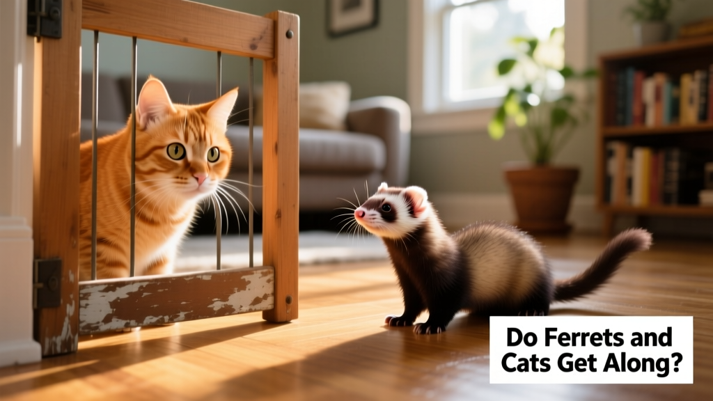 A curious cat and a playful ferret observing each other from a safe distance through a pet gate