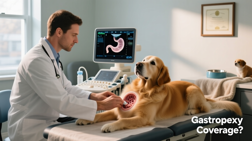 Veterinarian performing an ultrasound on a dog’s abdomen to assess for signs of gastric dilation