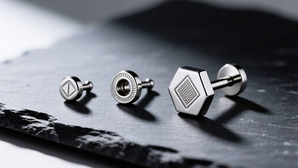 Flat lay of three individual titanium cartilage studs in varying sizes on dark slate, highlighting asymmetrical styling options.