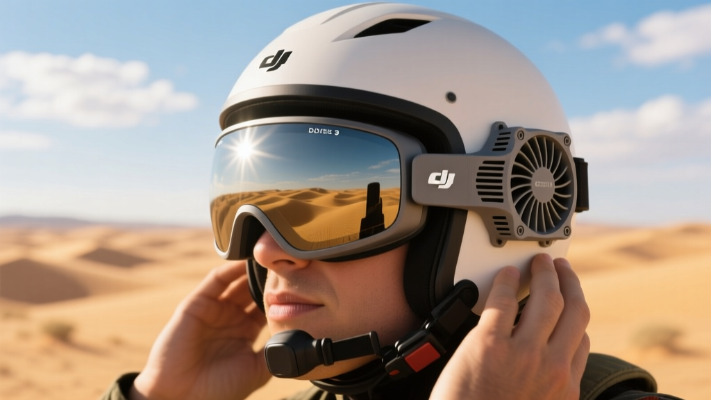 First-person view pilot wearing anti-fog DJI Goggles 3 with a custom 3D-printed cooling fan mount in a sunlit desert field