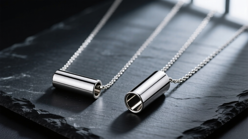 Flat lay of two titanium necklaces on dark slate, one featuring a solid cylinder pendant and the other a hollow tube pendant design