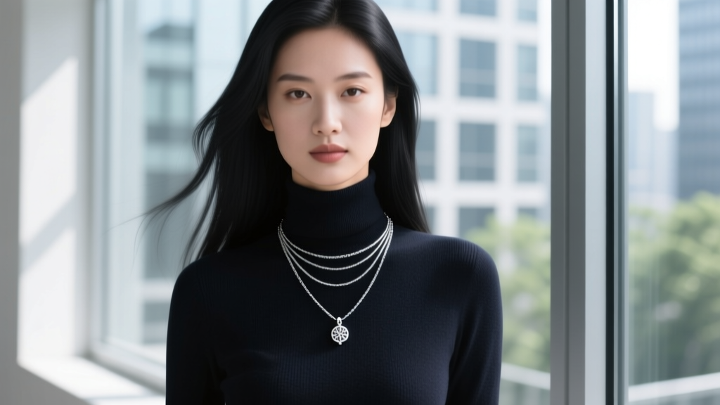 Woman wearing a silver necklace with an extension chain over a dark turtleneck, demonstrating adjustable length and layering options.