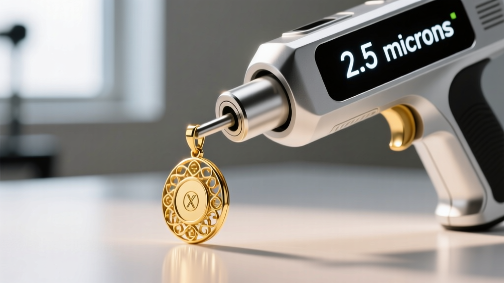 Macro shot of a jewelry XRF analyzer gun testing the gold micron thickness on a pendant, with a digital screen showing 2.5 microns