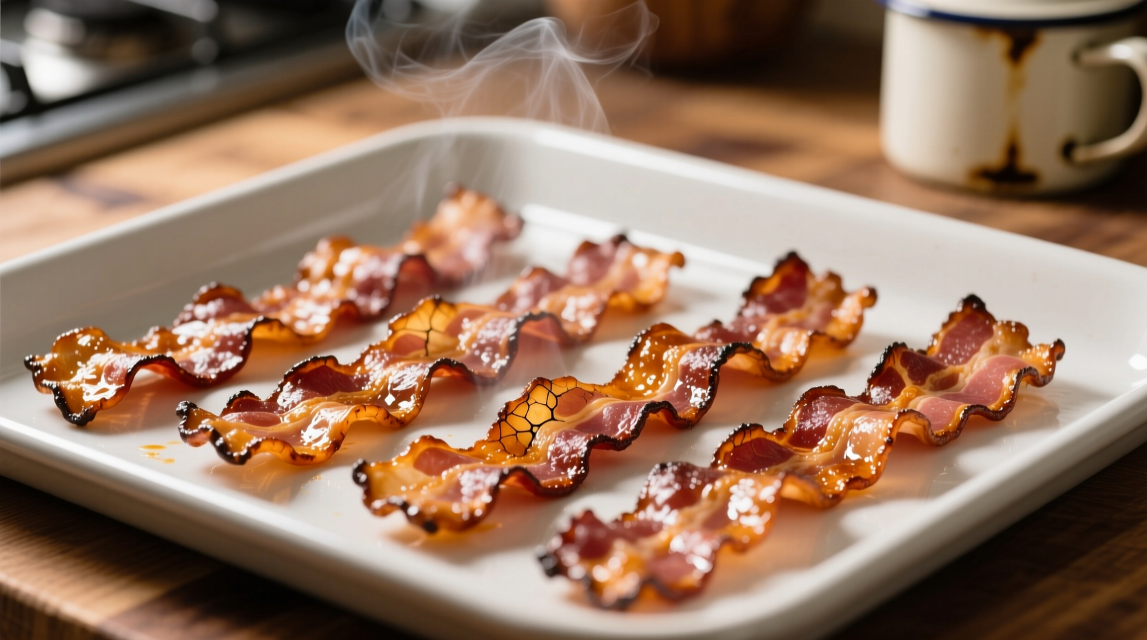 Perfectly cooked crispy bacon on baking sheet