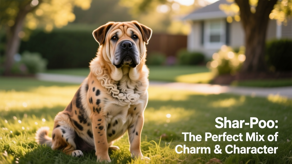 A friendly, medium-sized Shar-Poo with a mix of wrinkled skin and soft, wavy fur, sitting attentively on grass