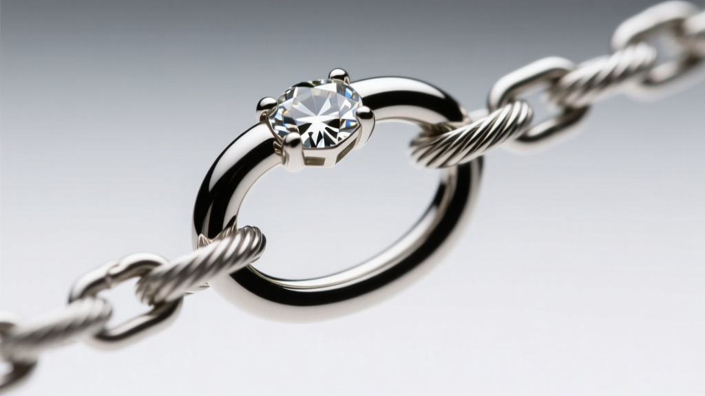 Macro photography of a 20-gauge oval jump ring connecting a diamond-cut bail to a 1.2mm stainless steel cable chain link.