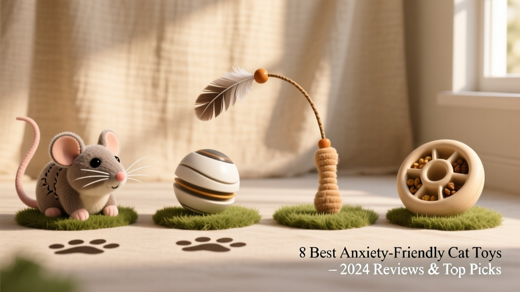 Side-by-side comparison of four anxiety-friendly cat toys: a plush mouse, a slow-rolling ball, a wand toy with feather, and a treat puzzle