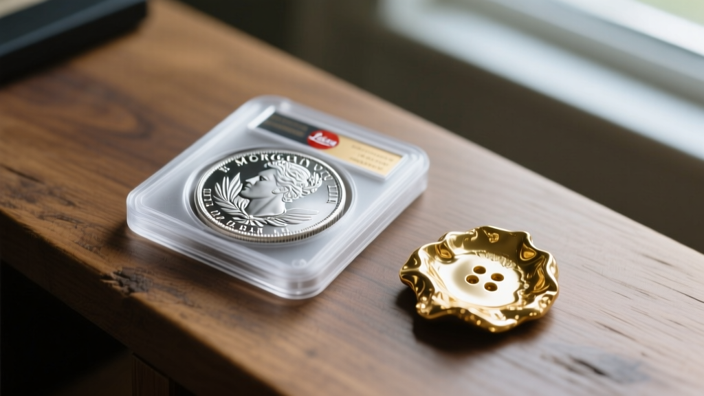 A rare Morgan silver dollar in a protective plastic slab resting next to a melted button of scrap 10k white gold on a wooden desk.