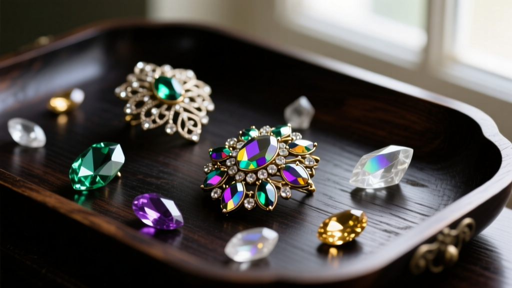 Vintage rhinestone brooches and loose aurora borealis crystals scattered on a dark, textured wooden jeweler's workbench.
