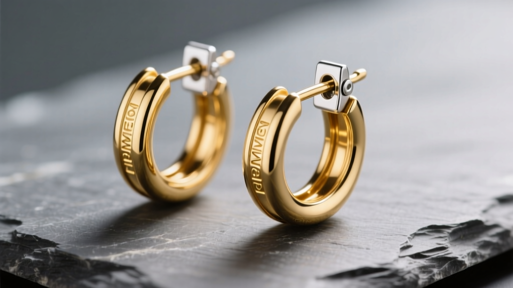 Macro shot of 18k gold vermeil huggie hoops on slate, showing the thick gold finish and sterling silver clasp mechanism.