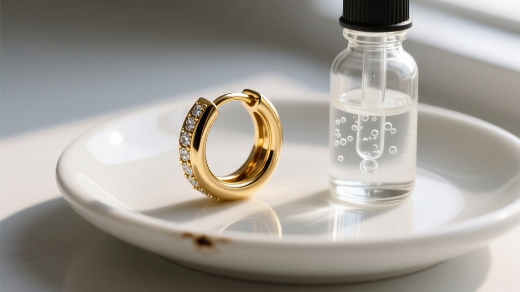 Macro shot of a 14k gold huggie earring on a ceramic dish next to a small glass dropper bottle filled with sterile saline solution