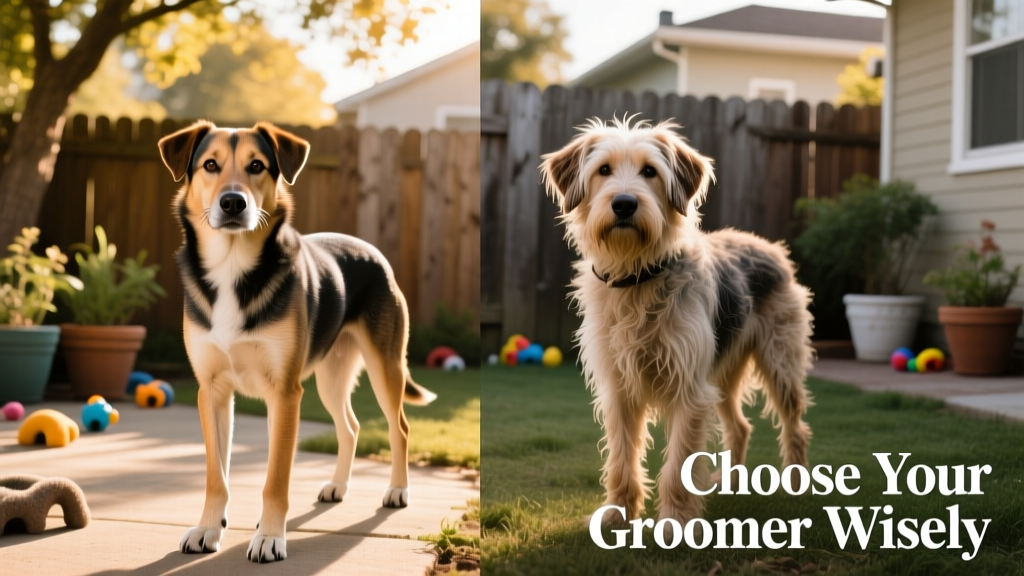 Side-by-side comparison of two dogs: one freshly groomed with neat, even fur; another with slightly overgrown, uneven coat