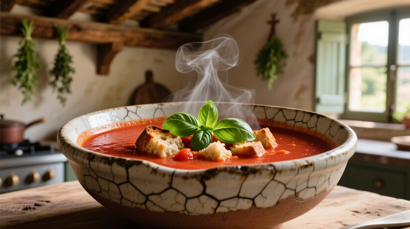 Tomato bread soup in rustic ceramic bowl with basil garnish