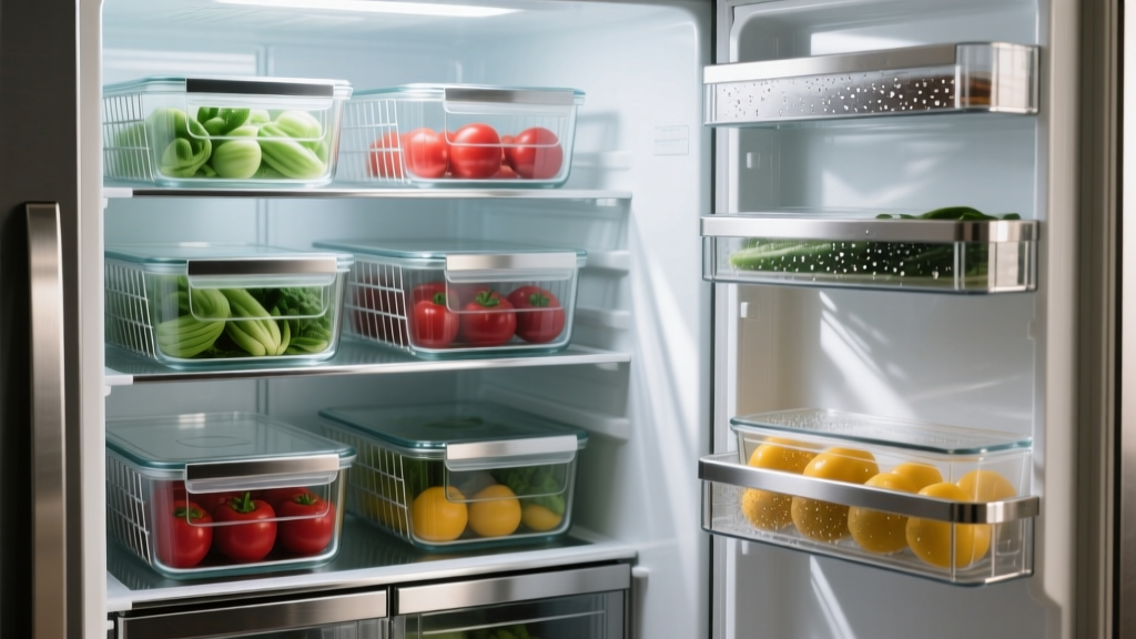 Open refrigerator displaying wire stainless steel crisper bins and glass containers arranged for optimal cold air circulation