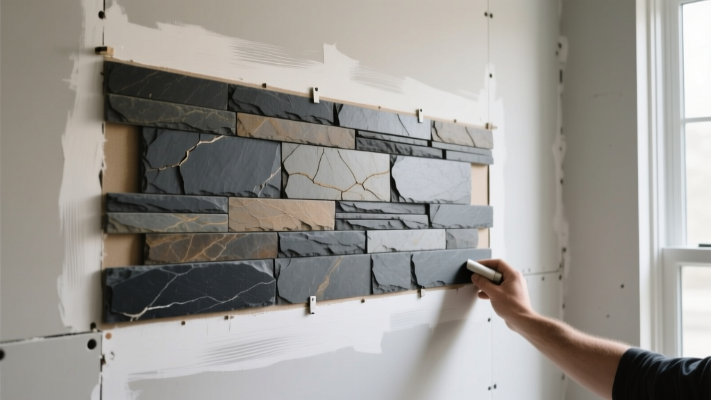 Peel stick stone veneer panels in stacked slate being pressed onto a freshly primed drywall surface for a modern interior feature wall.