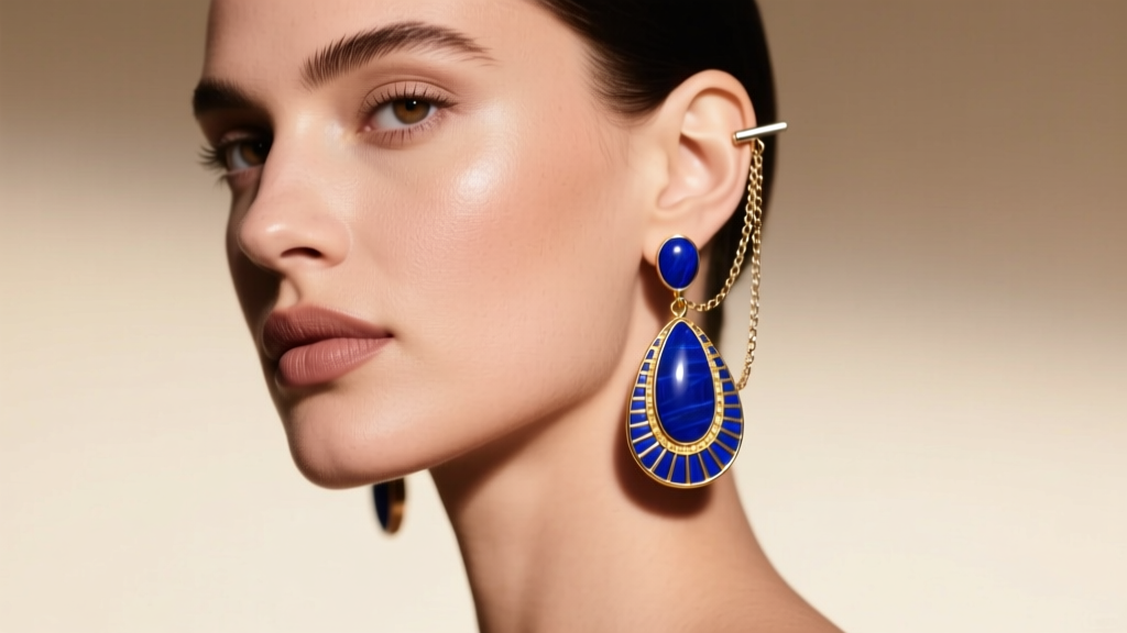 Profile of a model wearing heavy lapis Nefertiti drop earrings supported by a delicate 20-gauge titanium ear jacket chain.