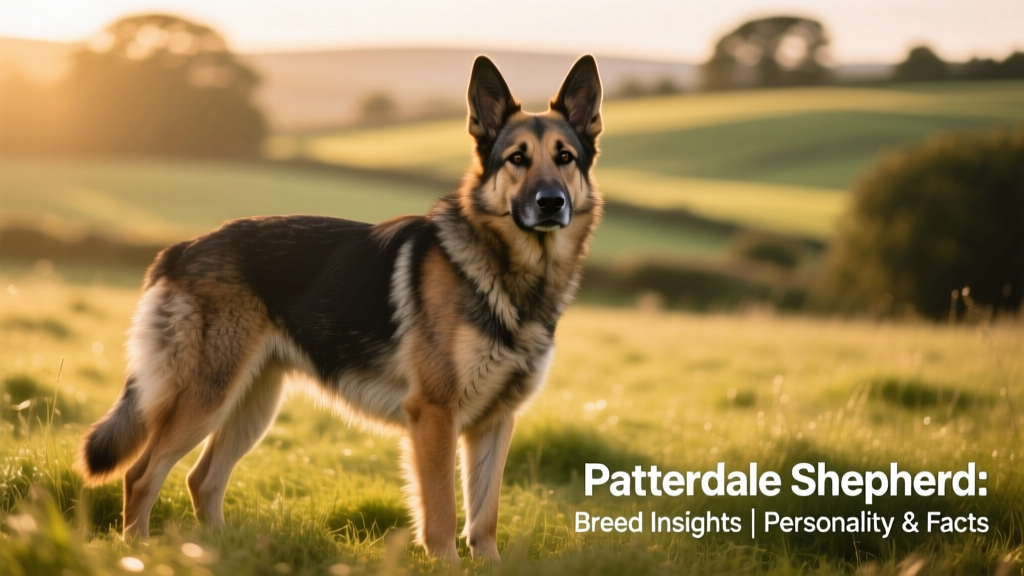 A medium-sized, muscular Patterdale Shepherd standing alert in a grassy field, showcasing its confident posture and expressive eyes