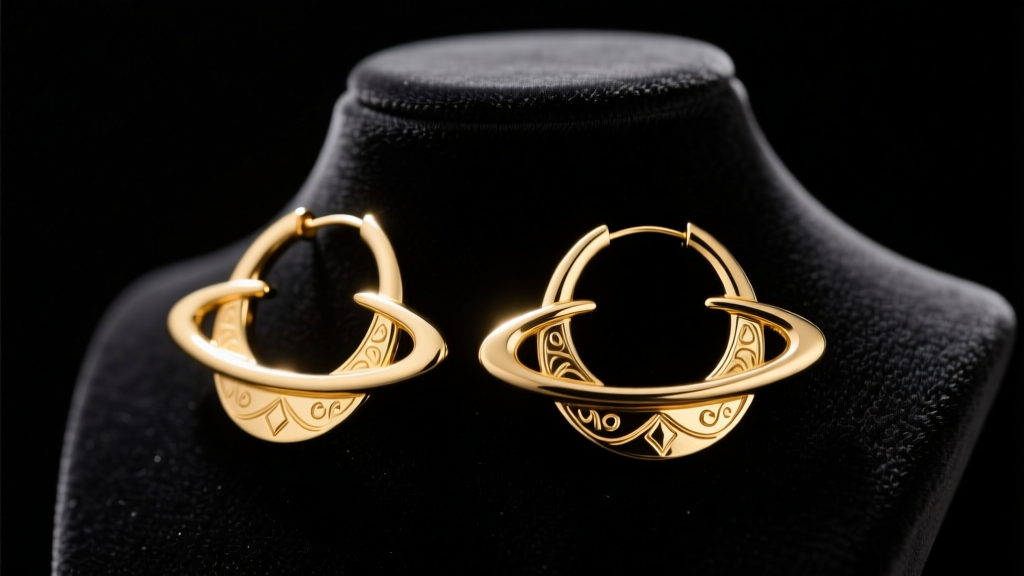 Close-up of metallic gold Potara-style hoop earrings resting on a black velvet display bust, illuminated by dramatic studio light
