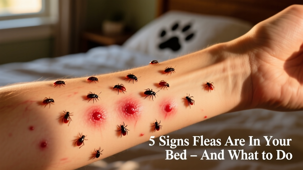 Close-up of small red flea bites on human forearm, showing clustered, itchy welts