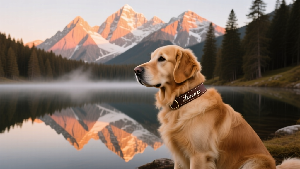 Golden retriever sitting calmly beside a serene mountain lake at sunset