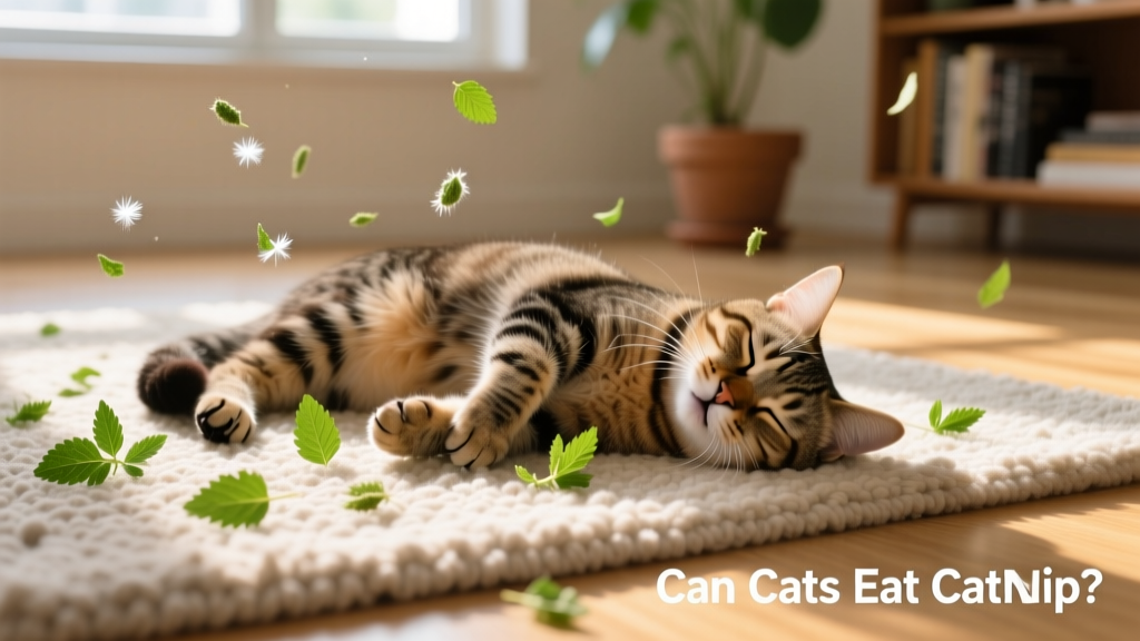 Cat mid-roll on a rug with visible catnip leaves scattered around, eyes half-closed in relaxed euphoria