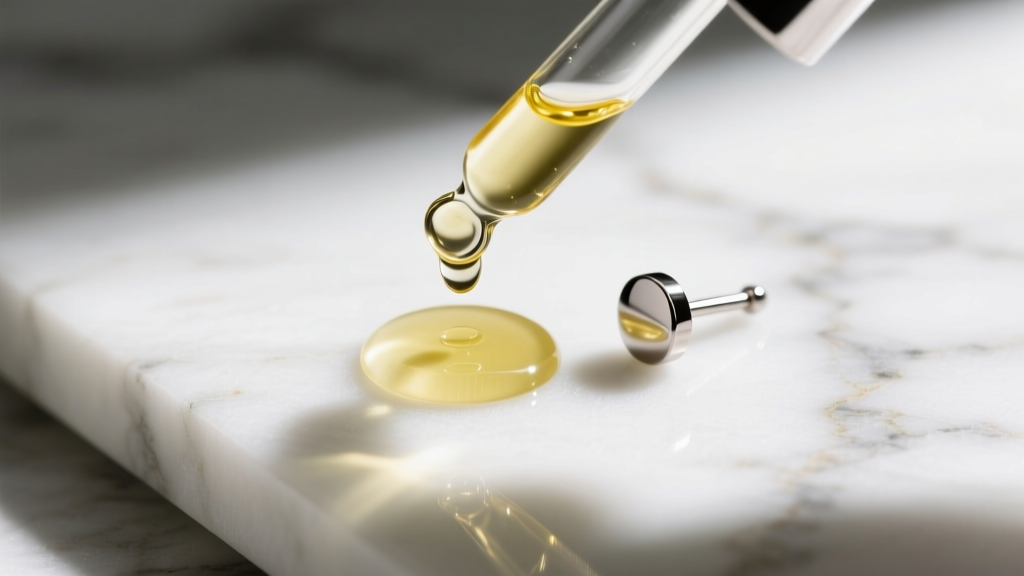 Top-down view of a glass dropper applying clear jojoba oil to a titanium stud earring post on a white marble surface, soft light.