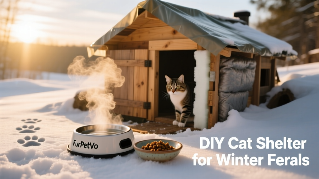 Heated FurPetVo water bowl outdoors, lightly steaming in snowy conditions, beside a small dish of wet food