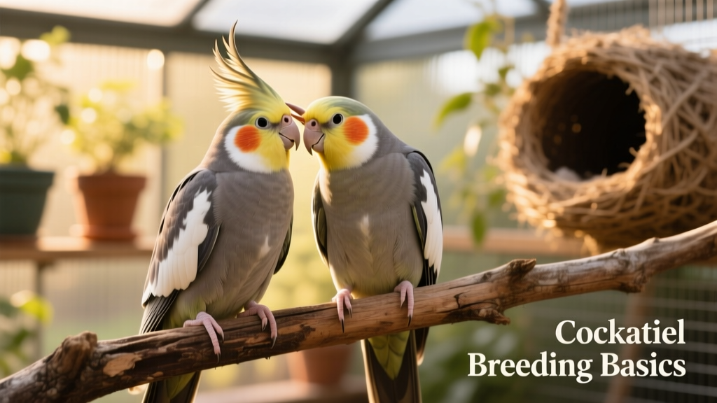 Two cockatiels perched side by side, one gently preening the other's head feathers