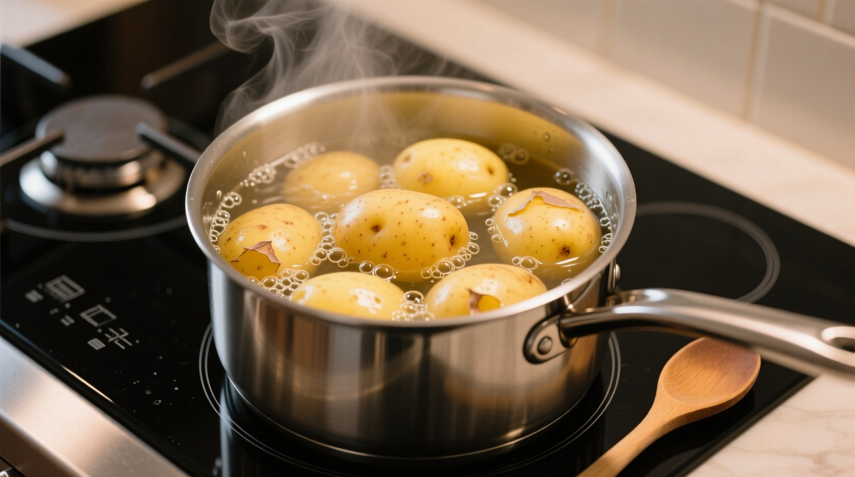 Yukon Gold potatoes boiling in a pot