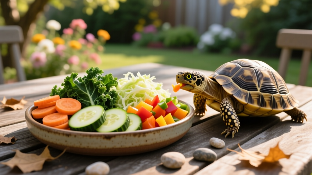 A colorful assortment of safe vegetables chopped and arranged in a feeding dish for a box turtle