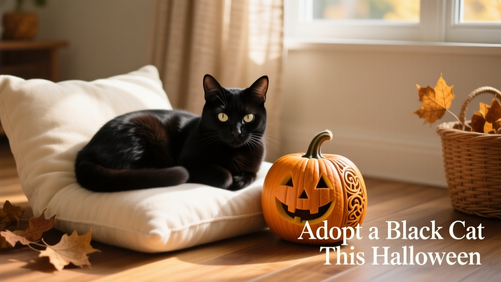 A relaxed black cat curled up on a soft cushion next to a small jack-o’-lantern, evoking warmth and companionship