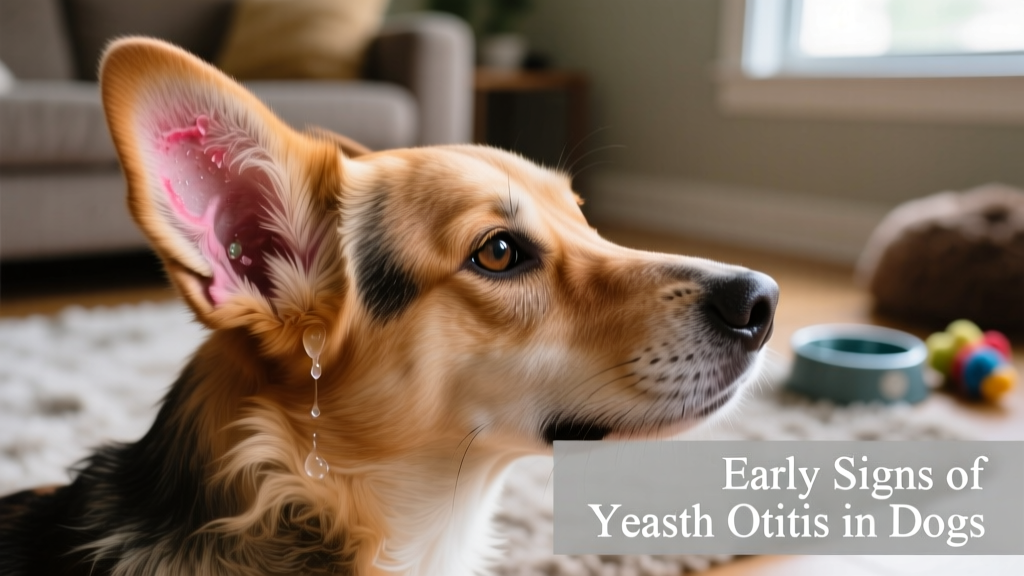 Close-up of a dog's ear showing redness and mild discharge, illustrating early signs of yeast otitis