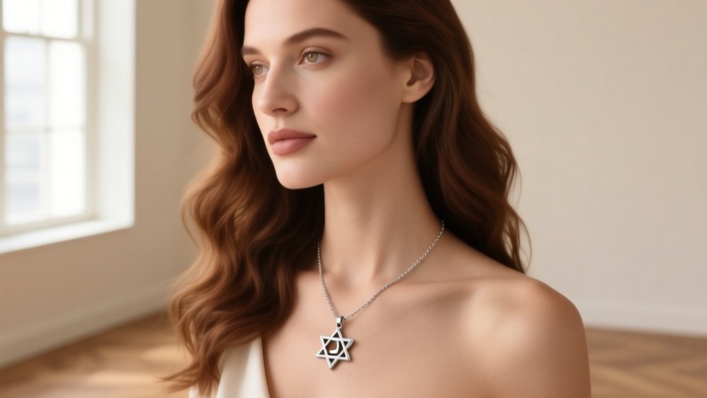 Woman wearing a delicate 15mm Jewish chai necklace pendant resting on her collarbone, photographed in soft natural daylight.