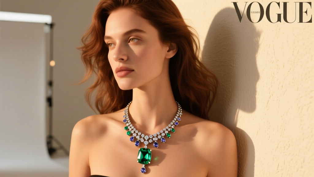 Model wearing a gemstone statement pendant necklace, showing perfect counterweight balance and an ergonomic drape in warm light.