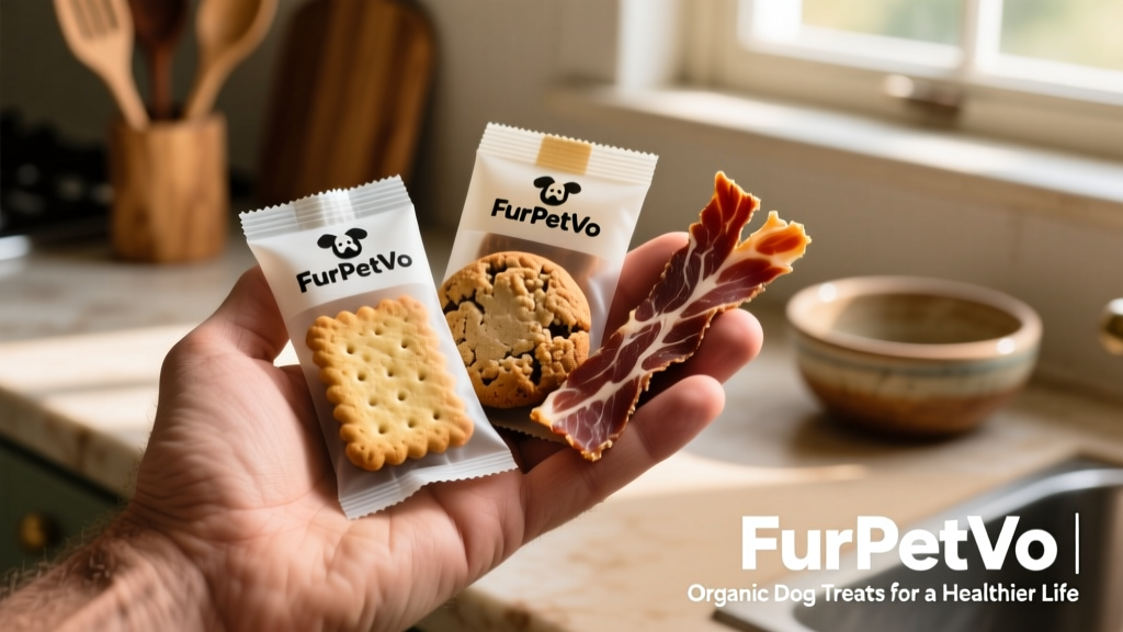 A hand holding three different organic dog treat packages—biscuits, oven-baked cookies, and jerky strips—with the FurPetVo logo visible on each