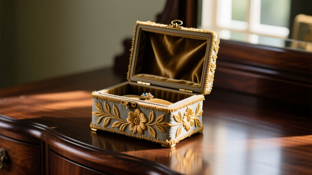 Close-up of a vintage floral embroidered jewelry box with frayed gold threads on the lid, resting on a dark wooden vanity table.