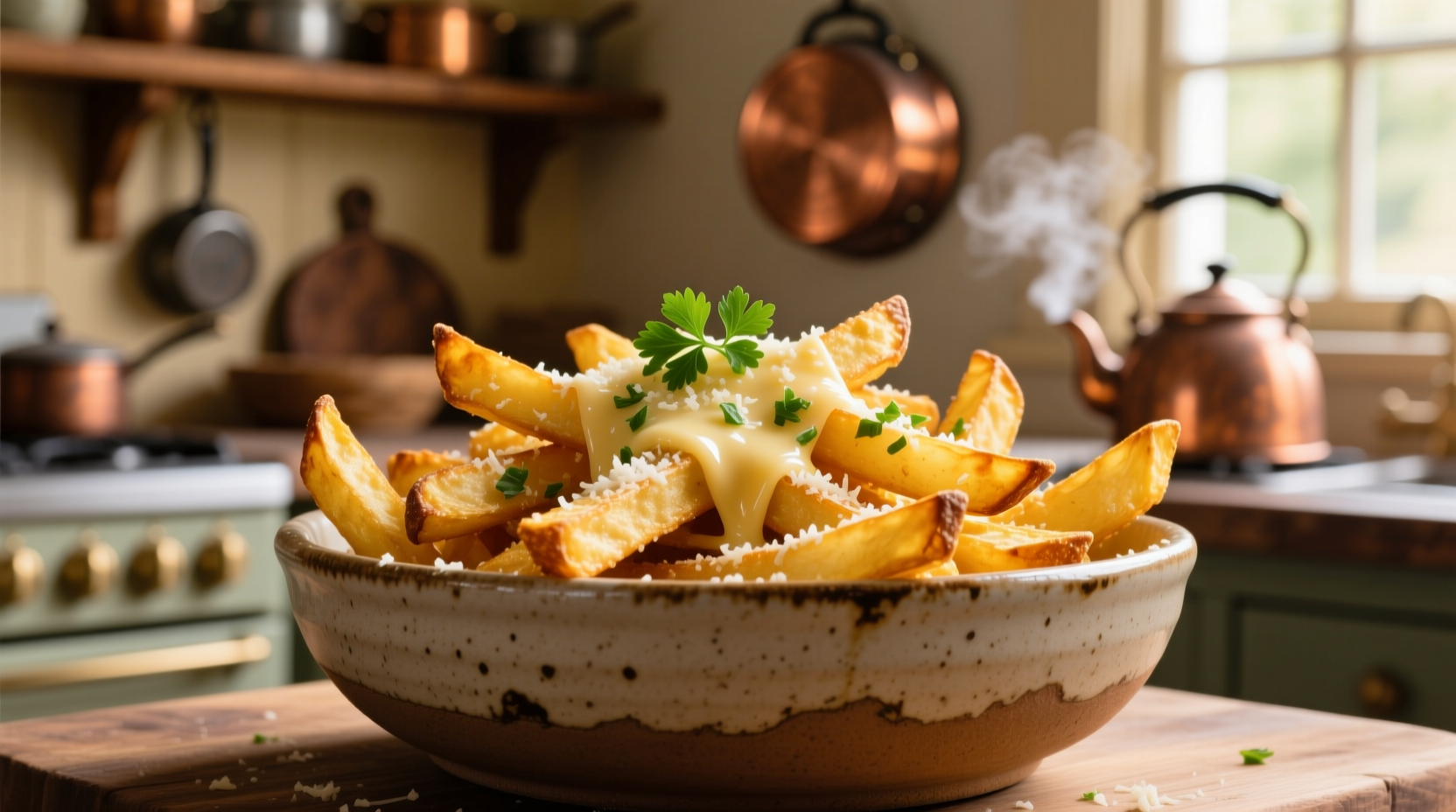 Golden garlic parmesan fries in ceramic bowl