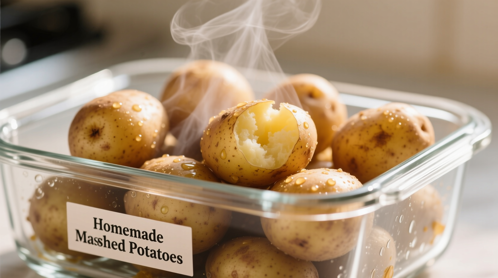 Cooked potatoes in glass storage container